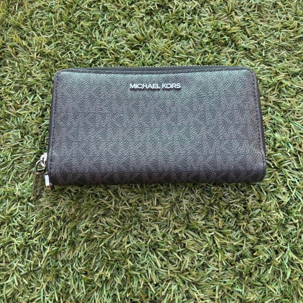 Michael Kors Charcoal Signature Zip Wallet with Silver Logo